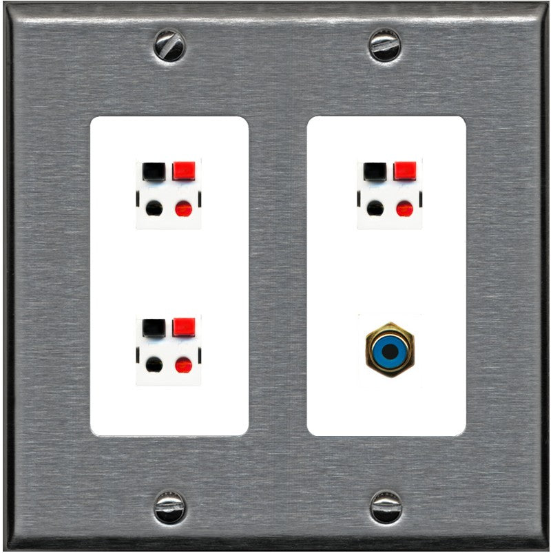 RiteAV 3 Port Speaker Wire Plug Jack Wall Plate with 1 RCA for Subwoofer - 2 Gang [Stainless/White]