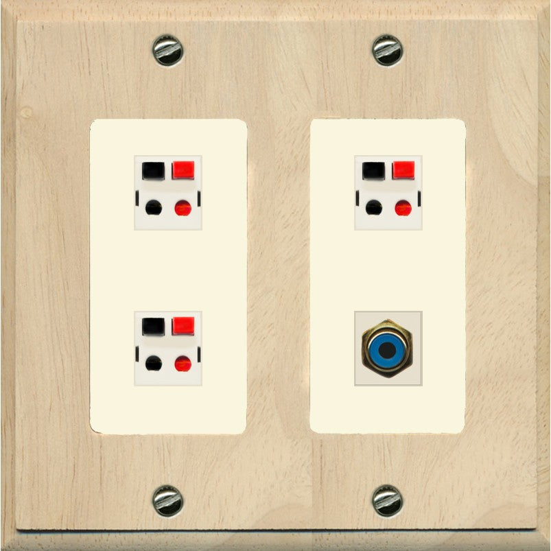 RiteAV 3 Port Speaker Wire Plug Jack Wall Plate with 1 RCA for Subwoofer - 2 Gang [Wood/Light-Almond]