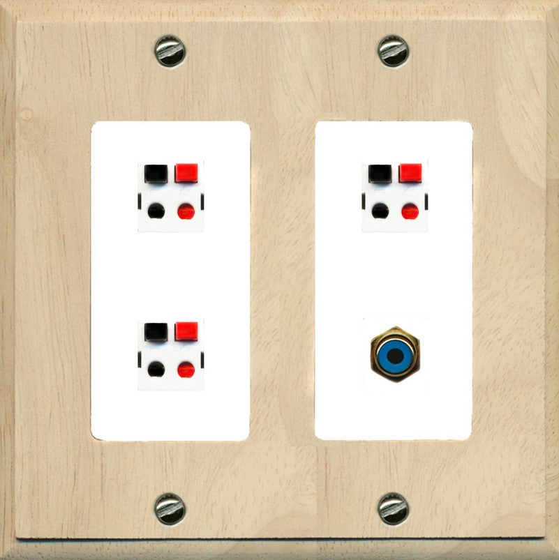 RiteAV 3 Port Speaker Wire Plug Jack Wall Plate with 1 RCA for Subwoofer - 2 Gang [Wood/White]