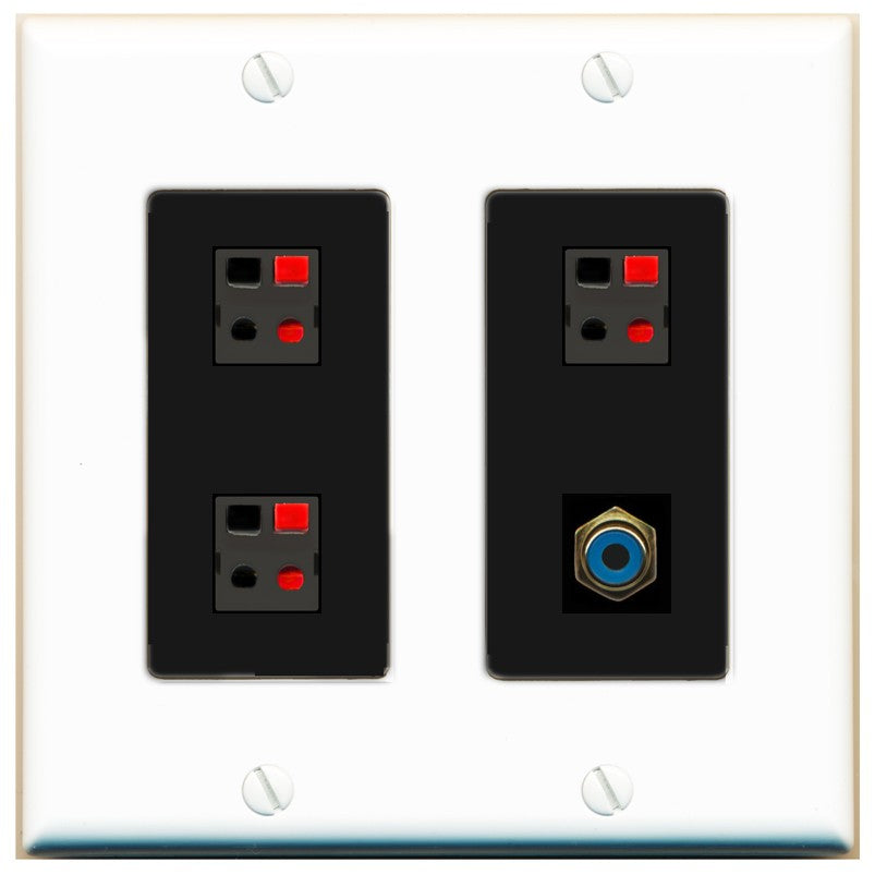 RiteAV 3 Port Speaker Wire Plug Jack Wall Plate with 1 RCA for Subwoofer - 2 Gang [White/Black]