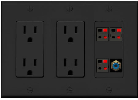 RiteAV 3 Port Speaker Wire Plug Jack Wall Plate with RCA for Subwoofer - 2 Outlet [Black/Black]