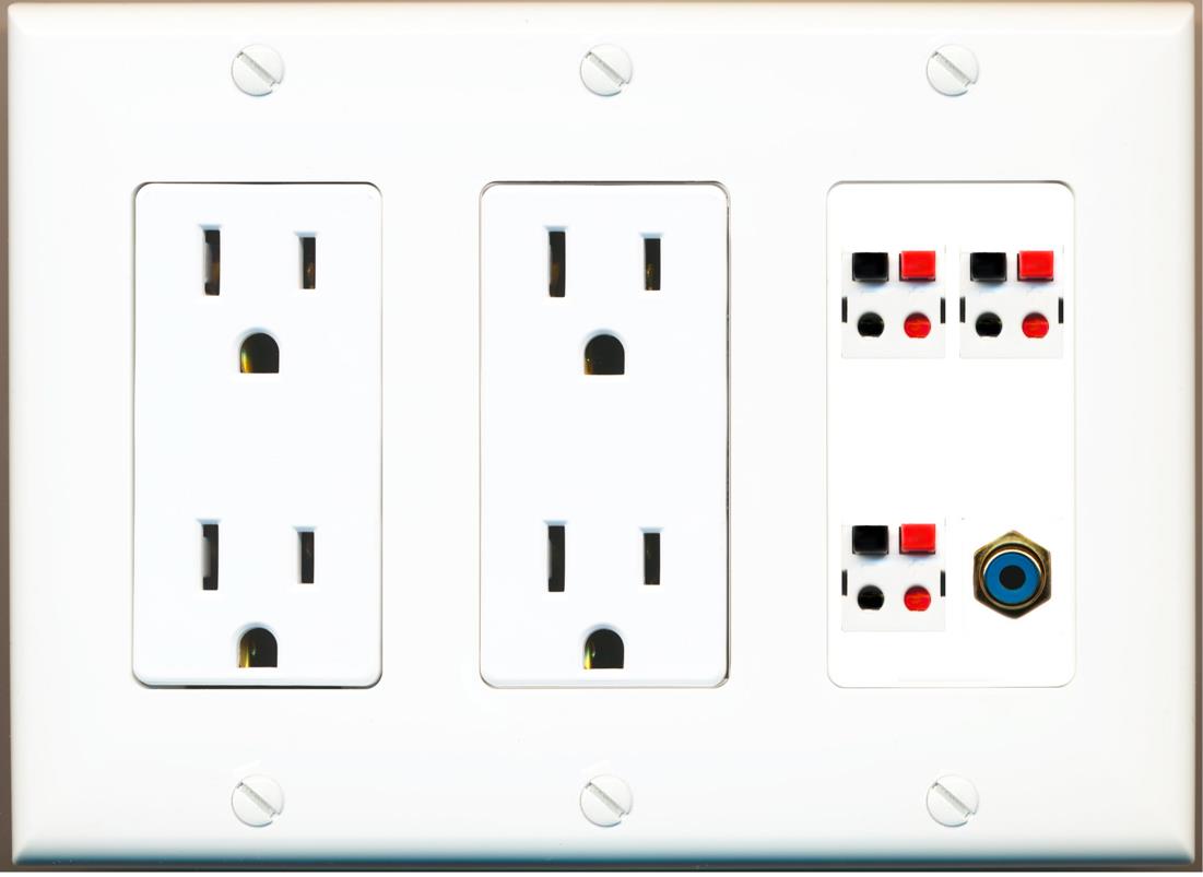 RiteAV 3 Port Speaker Wire Plug Jack Wall Plate with RCA for Subwoofer - 2 Outlet [White]