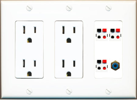 RiteAV 3 Port Speaker Wire Plug Jack Wall Plate with RCA for Subwoofer - 2 Outlet [White]