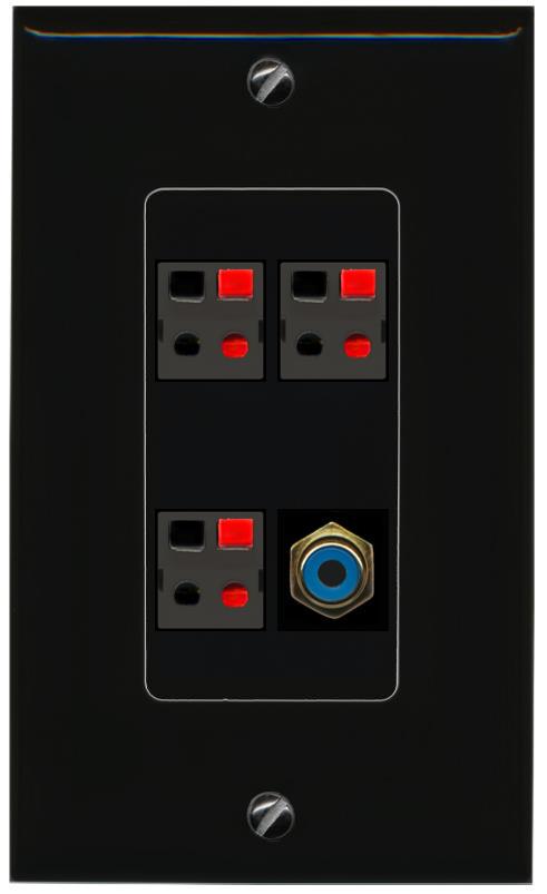 RiteAV 3 Port Speaker Wire Plug Jack Wall Plate with RCA for Subwoofer - 1 Gang [Black/Black]