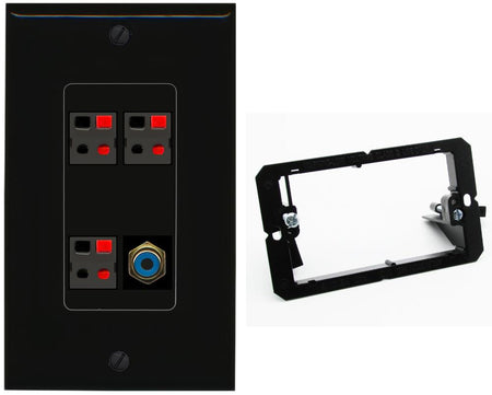 RiteAV 3 Port Speaker Wire Plug Jack Wall Plate with RCA for Subwoofer - Bracket [Black/Black]