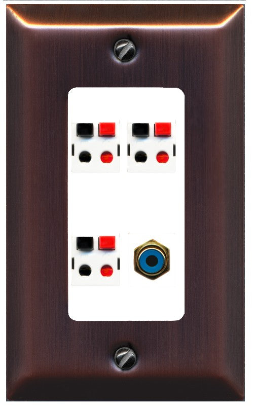 RiteAV 3 Port Speaker Wire Plug Jack Wall Plate with 1 RCA for Subwoofer - 1 Gang Decorative [Brushed-Copper/White]