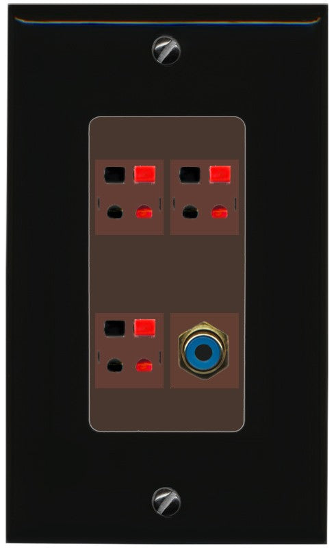 RiteAV 3 Port Speaker Wire Plug Jack Wall Plate with 1 RCA for Subwoofer - 1 Gang Decorative [Black/Brown]