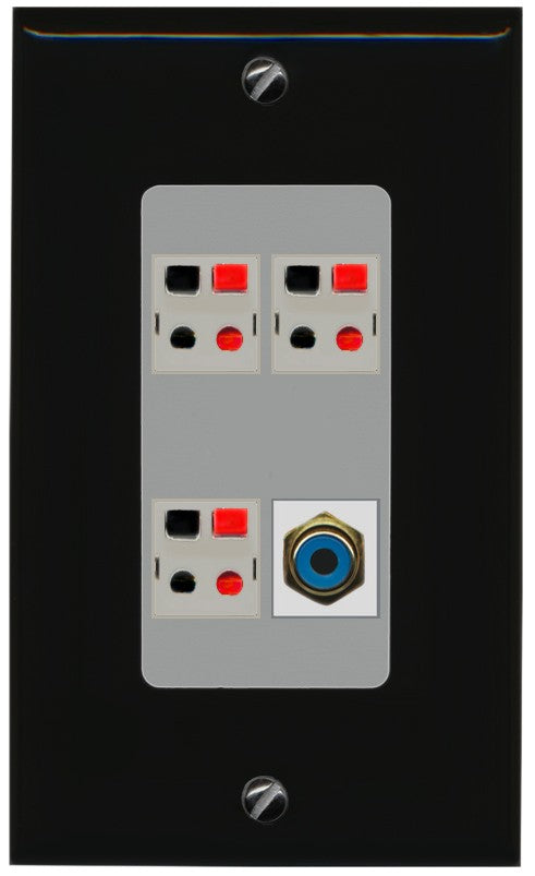 RiteAV 3 Port Speaker Wire Plug Jack Wall Plate with 1 RCA for Subwoofer - 1 Gang Decorative [Black/Gray]