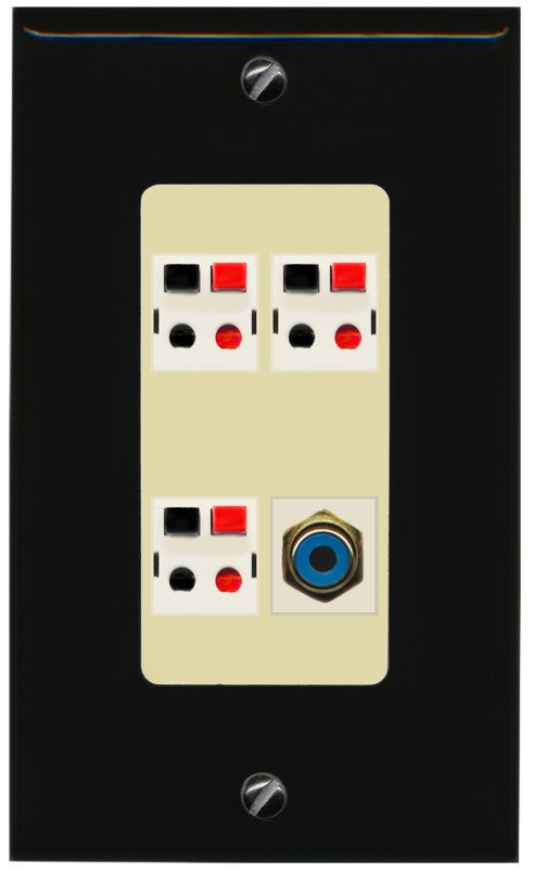 RiteAV 3 Port Speaker Wire Plug Jack Wall Plate with 1 RCA for Subwoofer - 1 Gang Decorative [Black/Ivory]
