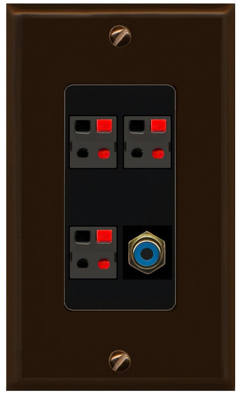 RiteAV 3 Port Speaker Wire Plug Jack Wall Plate with 1 RCA for Subwoofer - 1 Gang Decorative [Brown/Black]