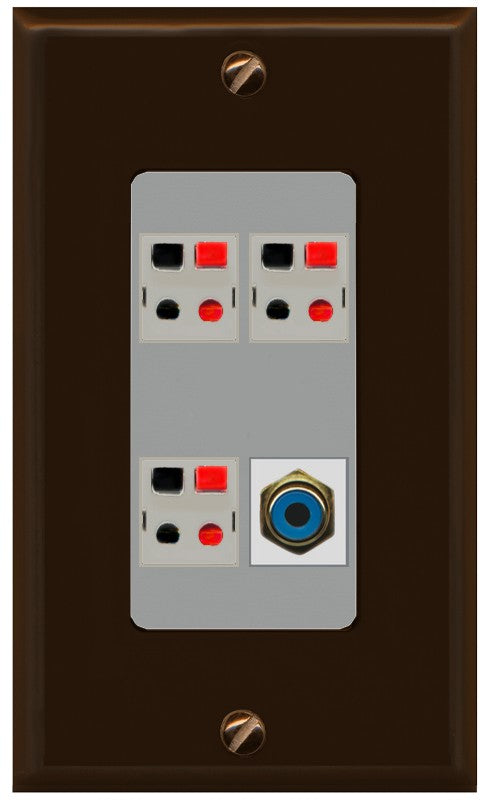 RiteAV 3 Port Speaker Wire Plug Jack Wall Plate with 1 RCA for Subwoofer - 1 Gang Decorative [Brown/Gray]