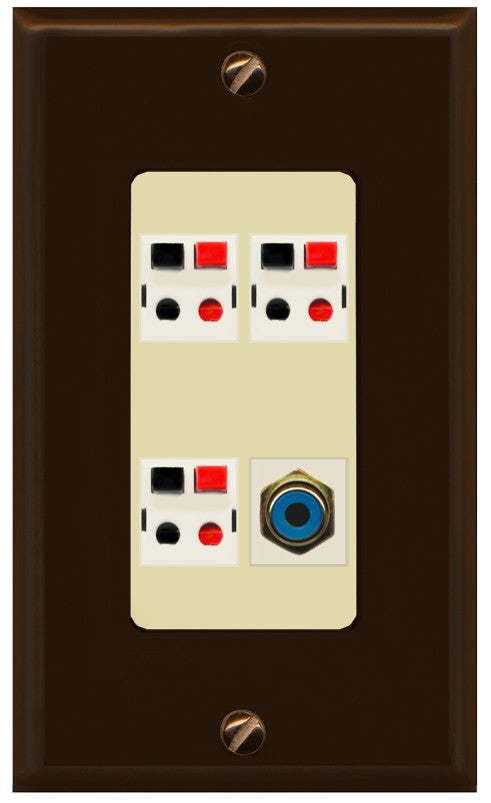 RiteAV 3 Port Speaker Wire Plug Jack Wall Plate with 1 RCA for Subwoofer - 1 Gang Decorative [Brown/Ivory]
