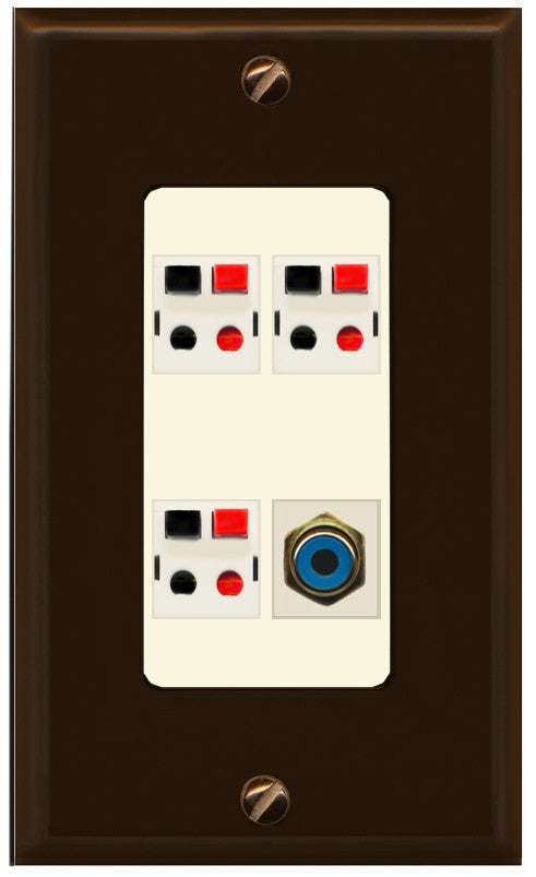 RiteAV 3 Port Speaker Wire Plug Jack Wall Plate with 1 RCA for Subwoofer - 1 Gang Decorative [Brown/Light-Almond]