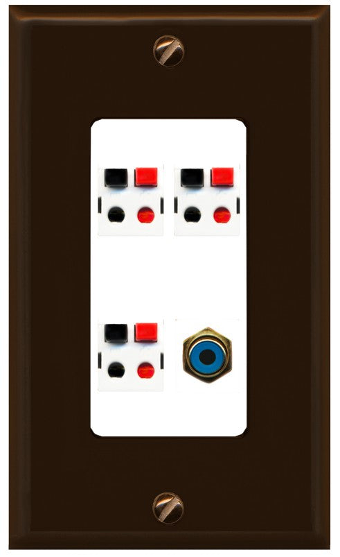RiteAV 3 Port Speaker Wire Plug Jack Wall Plate with 1 RCA for Subwoofer - 1 Gang Decorative [Brown/White]