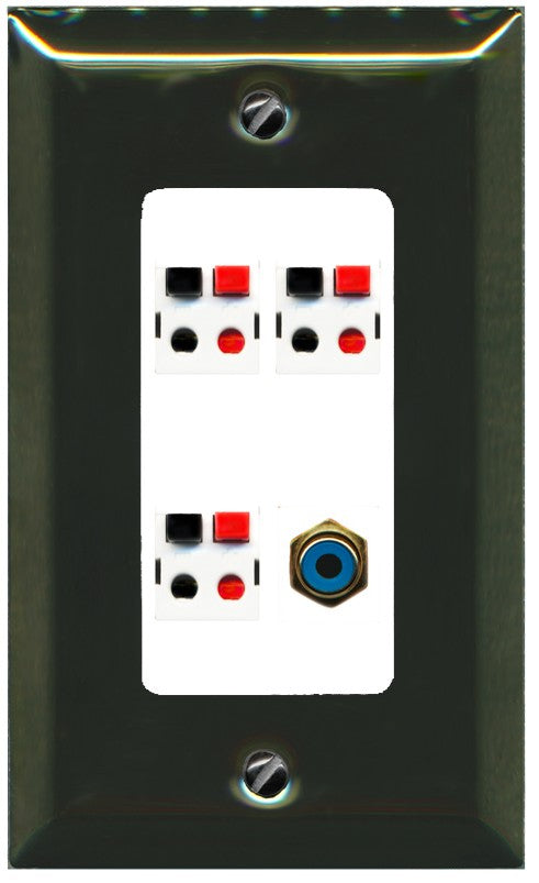 RiteAV 3 Port Speaker Wire Plug Jack Wall Plate with 1 RCA for Subwoofer - 1 Gang Decorative [Brass/White]