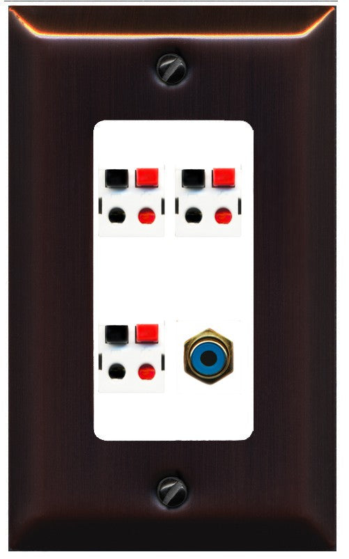 RiteAV 3 Port Speaker Wire Plug Jack Wall Plate with 1 RCA for Subwoofer - 1 Gang Decorative [Bronze/White]