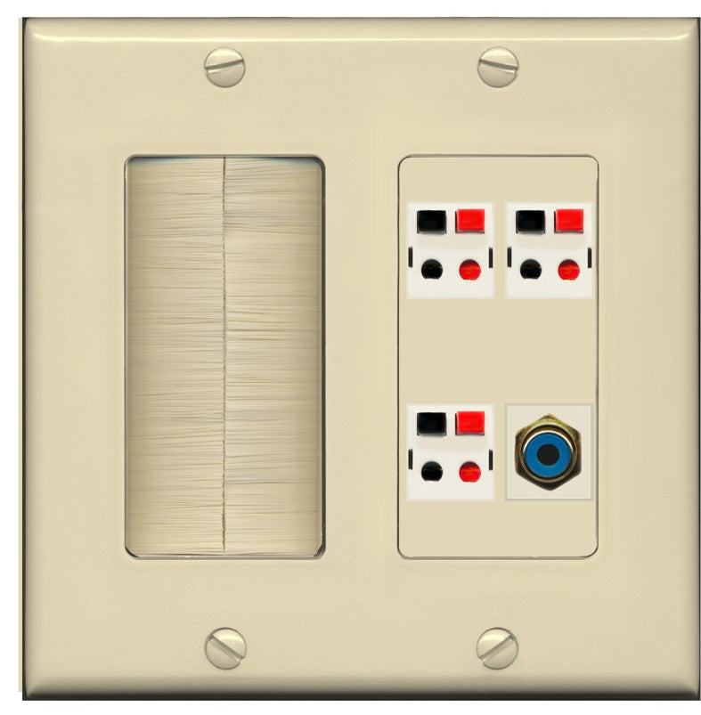 RiteAV 3 Port Speaker Wire Plug Jack Wall Plate with 1 RCA for Subwoofer - Brush [Ivory/Ivory]