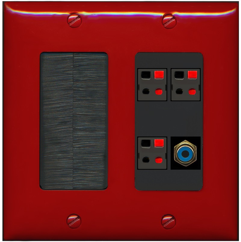 RiteAV 3 Port Speaker Wire Plug Jack Wall Plate with 1 RCA for Subwoofer - Brush [Red/Black]