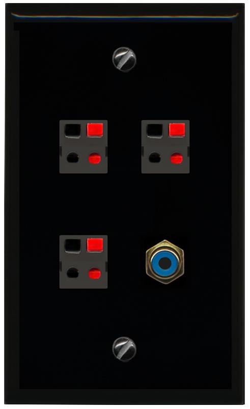 RiteAV 3 Port Speaker Wire Plug Jack Wall Plate with RCA for Subwoofer - Flat [Black/Black]