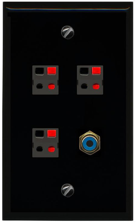 RiteAV 3 Port Speaker Wire Plug Jack Wall Plate with RCA for Subwoofer - Flat [Black/Black]