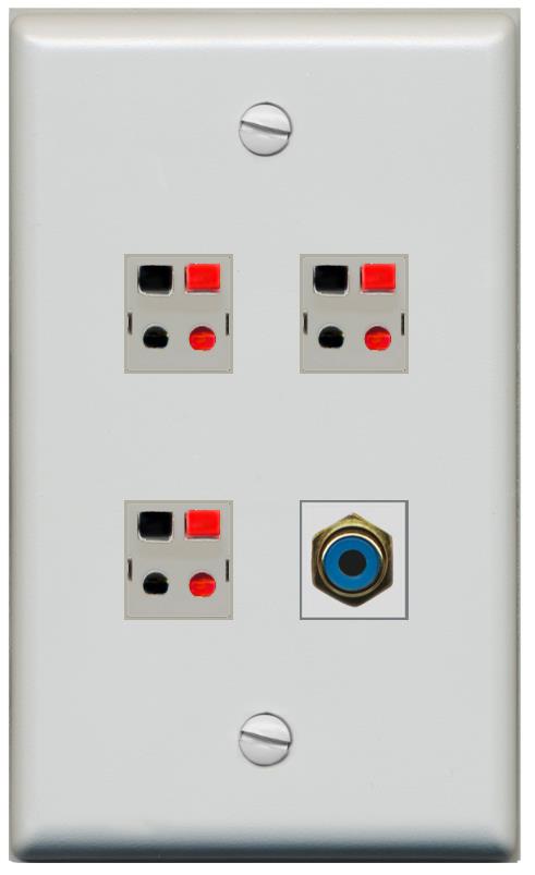 RiteAV 3 Port Speaker Wire Plug Jack Wall Plate with RCA for Subwoofer - Flat [Gray/Gray]
