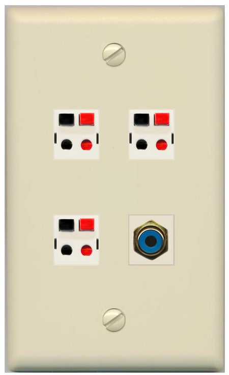 RiteAV 3 Port Speaker Wire Plug Jack Wall Plate with RCA for Subwoofer - Flat [Ivory/Ivory]