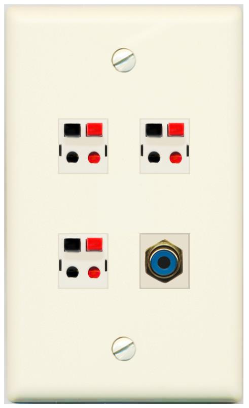RiteAV 3 Port Speaker Wire Plug Jack Wall Plate with RCA for Subwoofer - Flat [Light-Almond]