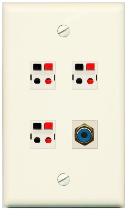 RiteAV 3 Port Speaker Wire Plug Jack Wall Plate with RCA for Subwoofer - Flat [Light-Almond]