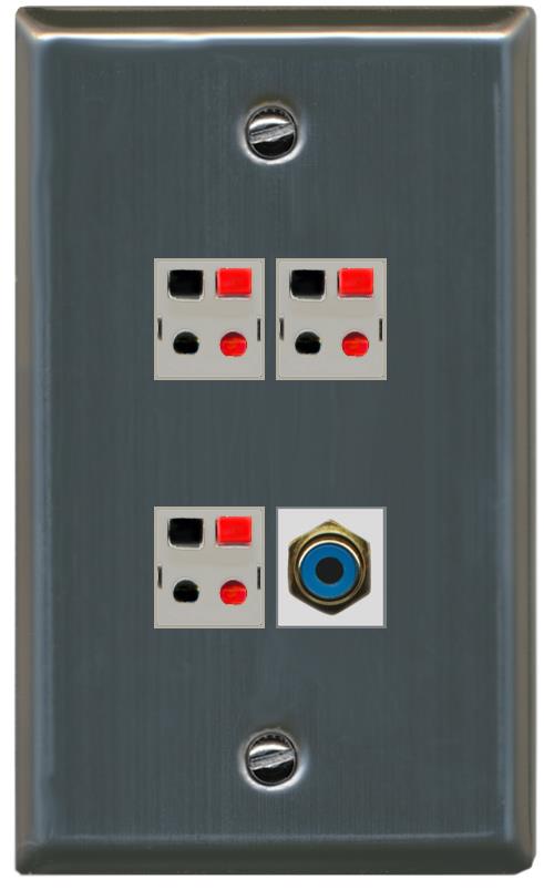 RiteAV 3 Port Speaker Wire Plug Jack Wall Plate with RCA for Subwoofer - Flat [Stainless Steel]