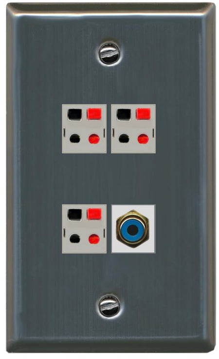 RiteAV 3 Port Speaker Wire Plug Jack Wall Plate with RCA for Subwoofer - Flat [Stainless Steel]