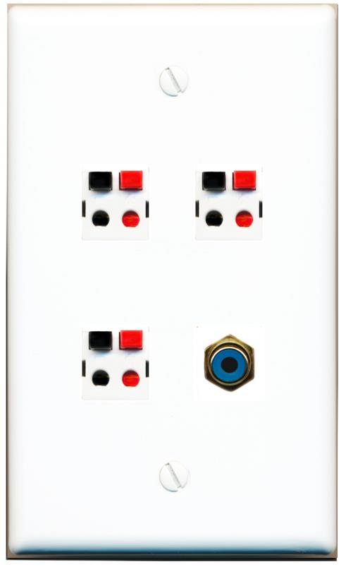 RiteAV 3 Port Speaker Wire Plug Jack Wall Plate with RCA for Subwoofer - Flat [White]