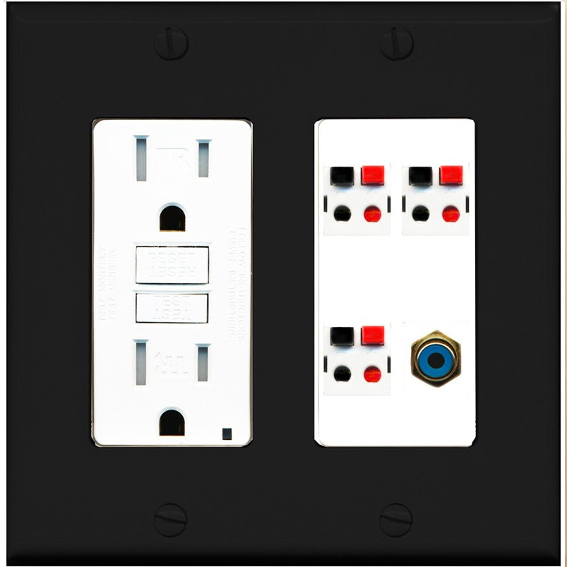 RiteAV 3 Port Speaker Wire Plug Jack Wall Plate with 1 RCA for Subwoofer - GFCI Outlet [Black/White]