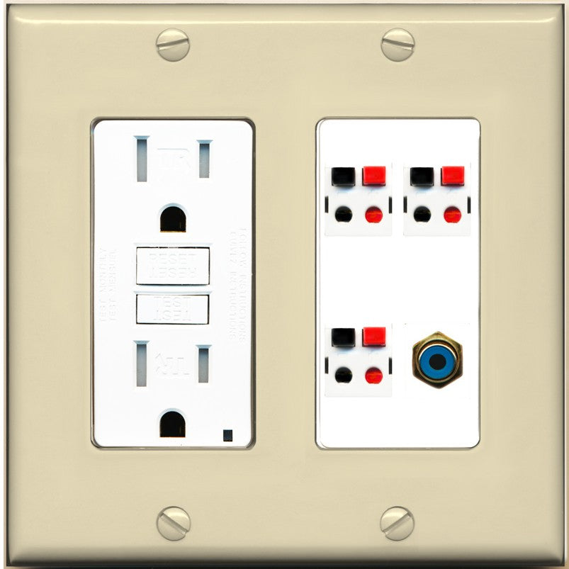 RiteAV 3 Port Speaker Wire Plug Jack Wall Plate with 1 RCA for Subwoofer - GFCI Outlet [Ivory/White]
