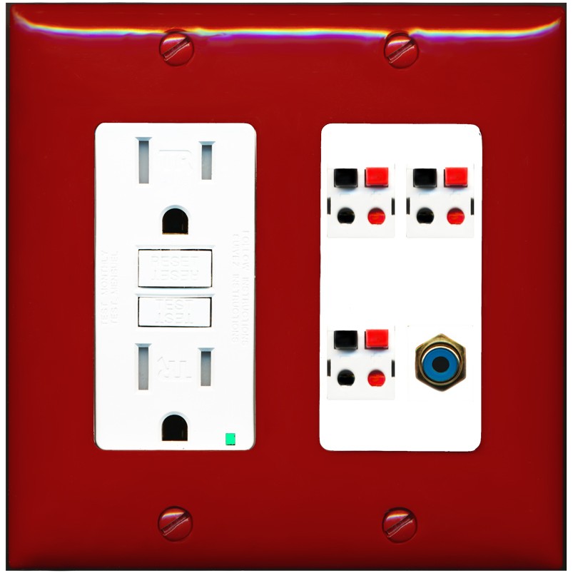 RiteAV 3 Port Speaker Wire Plug Jack Wall Plate with 1 RCA for Subwoofer - GFCI Outlet [Red/White]