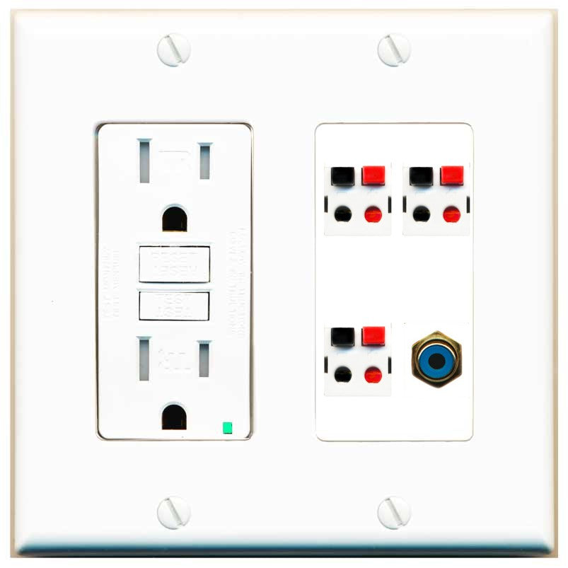 RiteAV 3 Port Speaker Wire Plug Jack Wall Plate with 1 RCA for Subwoofer - GFCI Outlet [White]
