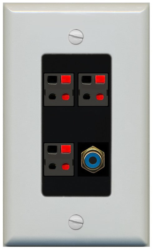 RiteAV 3 Port Speaker Wire Plug Jack Wall Plate with 1 RCA for Subwoofer - 1 Gang Decorative [Gray/Black]
