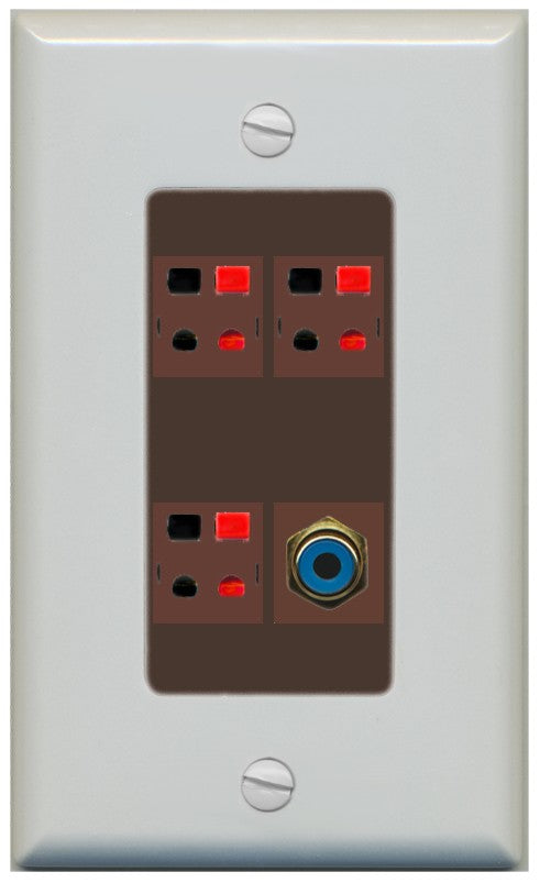 RiteAV 3 Port Speaker Wire Plug Jack Wall Plate with 1 RCA for Subwoofer - 1 Gang Decorative [Gray/Brown]