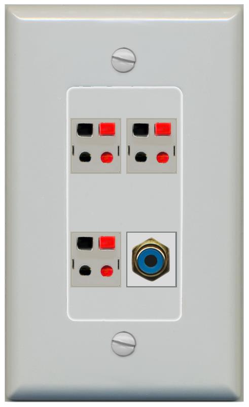 RiteAV 3 Port Speaker Wire Plug Jack Wall Plate with RCA for Subwoofer - 1 Gang [Gray/Gray]