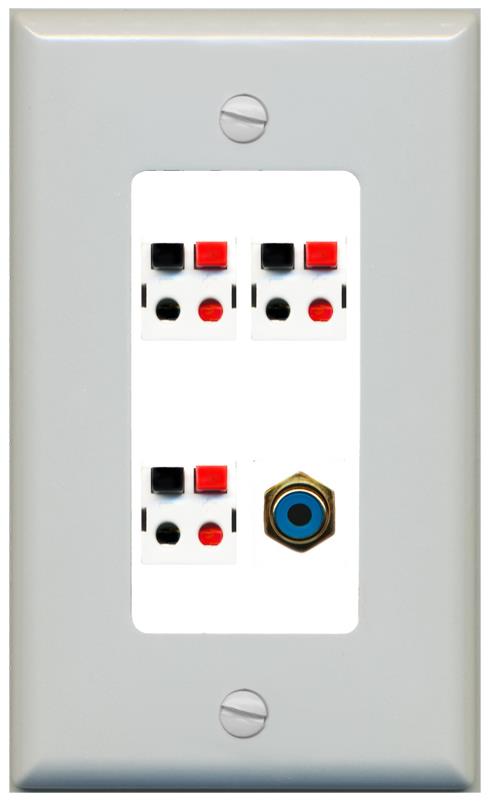 RiteAV 3 Port Speaker Wire Plug Jack Wall Plate with RCA for Subwoofer - 1 Gang [Gray/White]