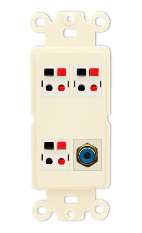 RiteAV 3 Port Speaker Wire Plug Jack Wall Plate with RCA for Subwoofer - Rocker [Light-Almond]