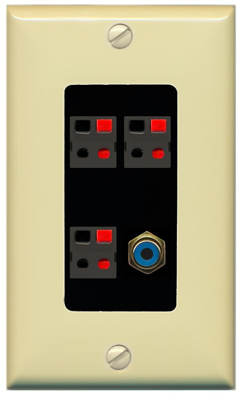 RiteAV 3 Port Speaker Wire Plug Jack Wall Plate with 1 RCA for Subwoofer - 1 Gang Decorative [Ivory/Black]