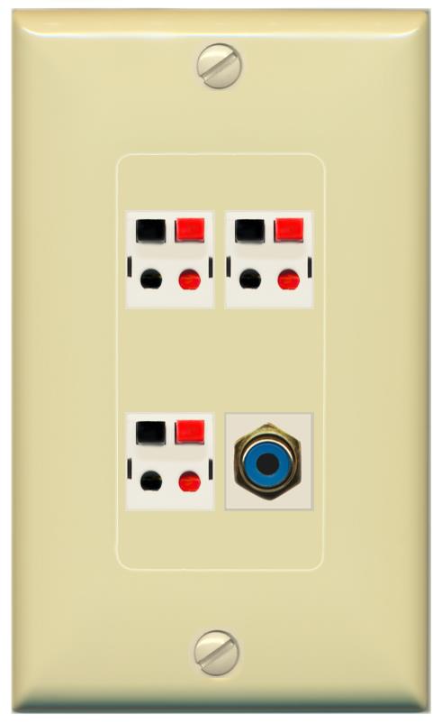 RiteAV 3 Port Speaker Wire Plug Jack Wall Plate with RCA for Subwoofer - 1 Gang [Ivory/Ivory]