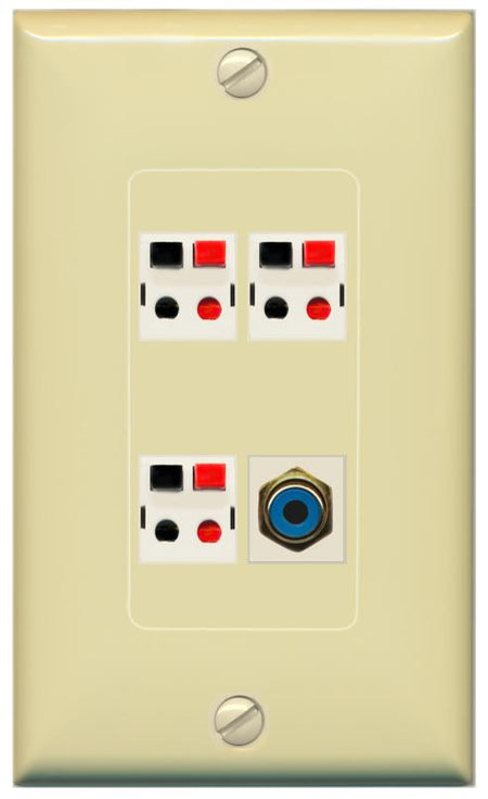 RiteAV 3 Port Speaker Wire Plug Jack Wall Plate with RCA for Subwoofer - 1 Gang [Ivory/Ivory]