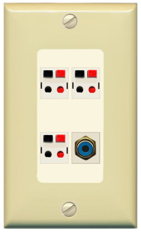 RiteAV 3 Port Speaker Wire Plug Jack Wall Plate with 1 RCA for Subwoofer - 1 Gang Decorative [Ivory/Light-Almond]