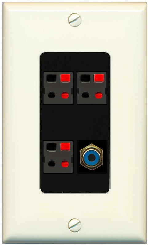 RiteAV 3 Port Speaker Wire Plug Jack Wall Plate with 1 RCA for Subwoofer - 1 Gang Decorative [Light-Almond/Black]