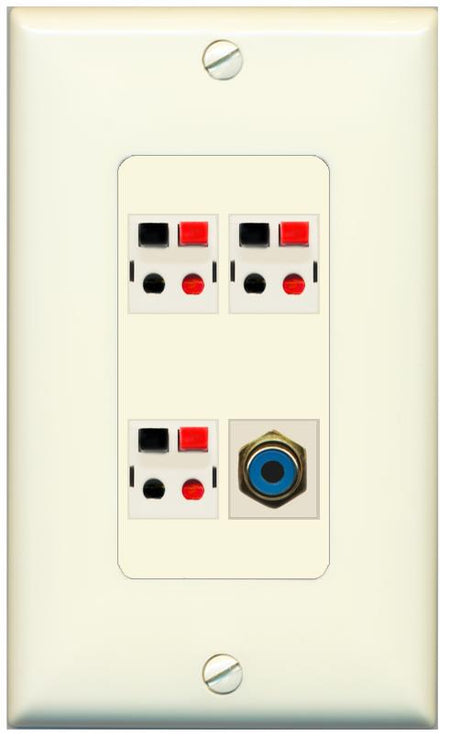 RiteAV 3 Port Speaker Wire Plug Jack Wall Plate with RCA for Subwoofer - 1 Gang [Light-Almond]