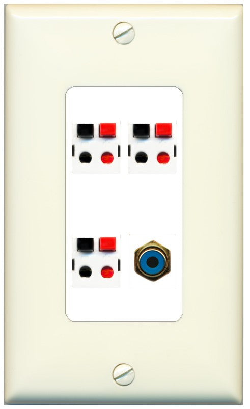 RiteAV 3 Port Speaker Wire Plug Jack Wall Plate with 1 RCA for Subwoofer - 1 Gang Decorative [Light-Almond/White]