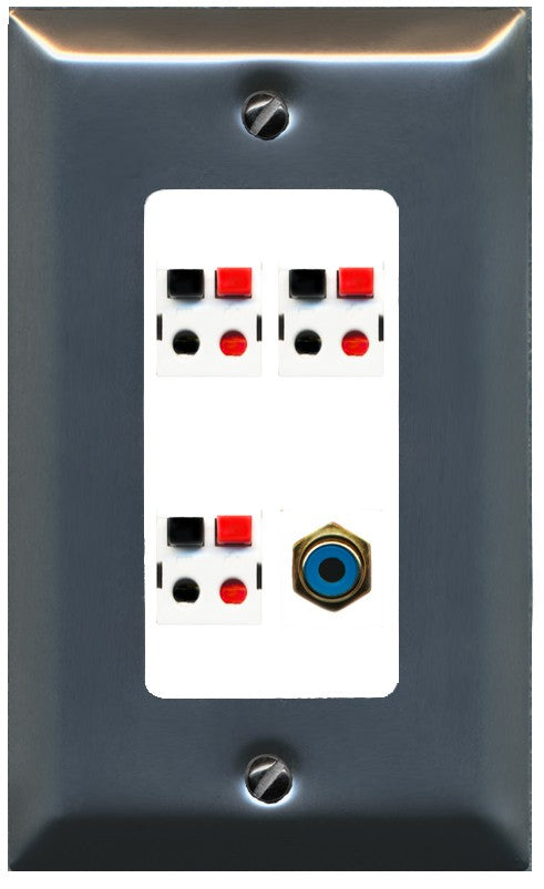 RiteAV 3 Port Speaker Wire Plug Jack Wall Plate with 1 RCA for Subwoofer - 1 Gang Decorative [Brushed-Nickel/White]