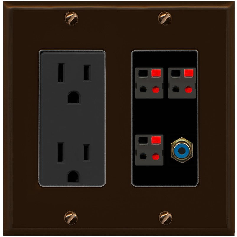 RiteAV 3 Port Speaker Wire Plug Jack Wall Plate with 1 RCA for Subwoofer - Outlet [Brown/Black]