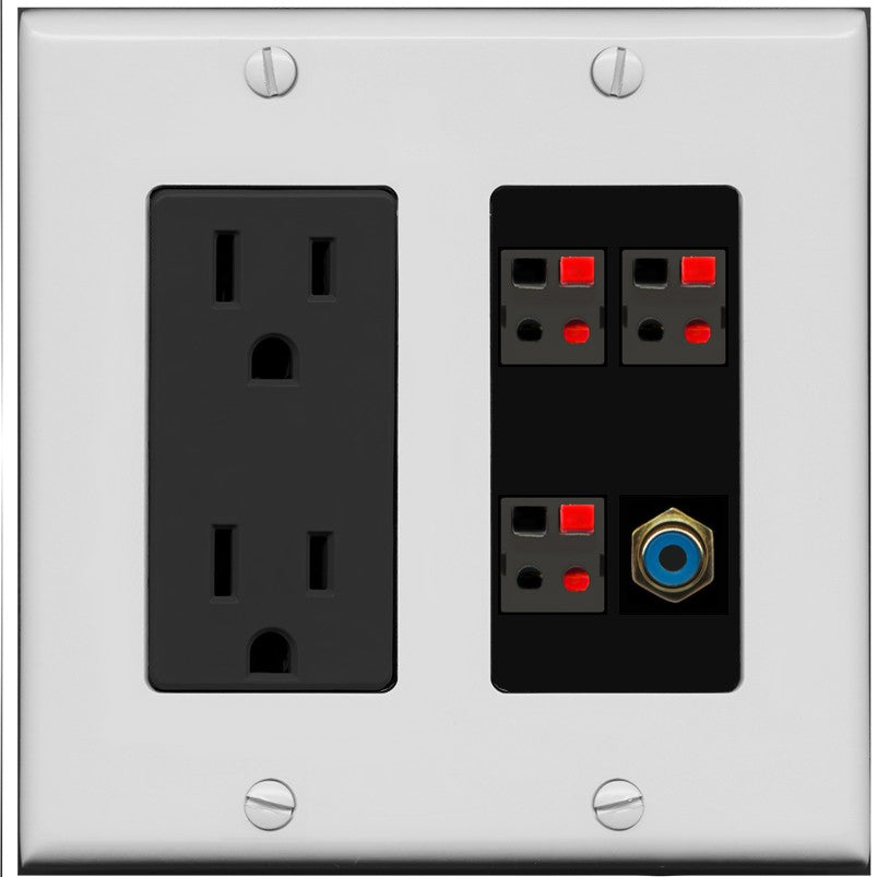 RiteAV 3 Port Speaker Wire Plug Jack Wall Plate with 1 RCA for Subwoofer - Outlet [Gray/Black]